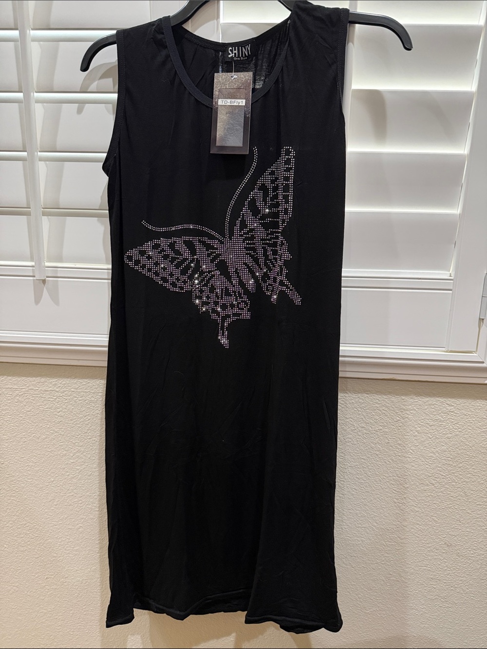 Black Sleeveless Stretchy Mini Dress with Rhinestone Butterfly NWT